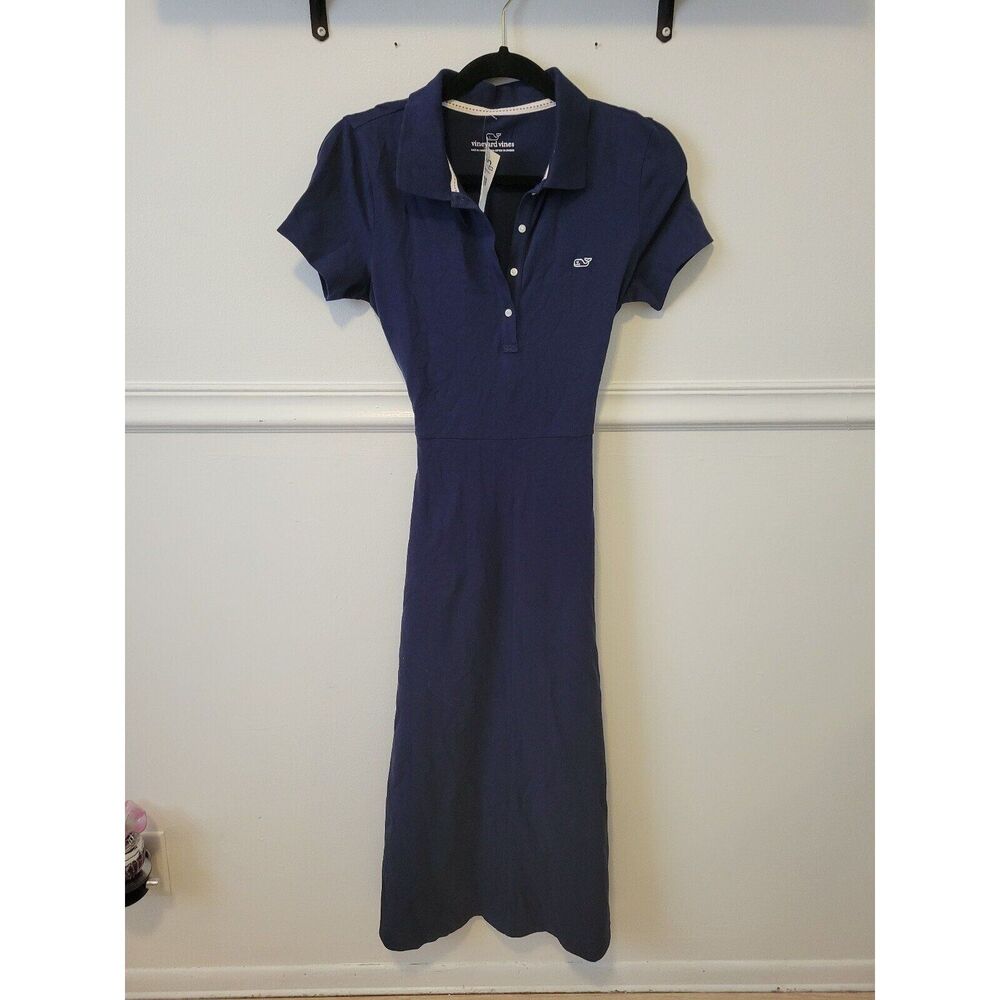 New Womens sz xs vineyard vines navy blue tie waist cotton dress midi knit